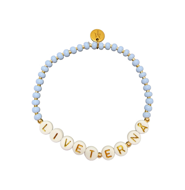 "Livet er nå" armbånd (blå, elastisk strikk)